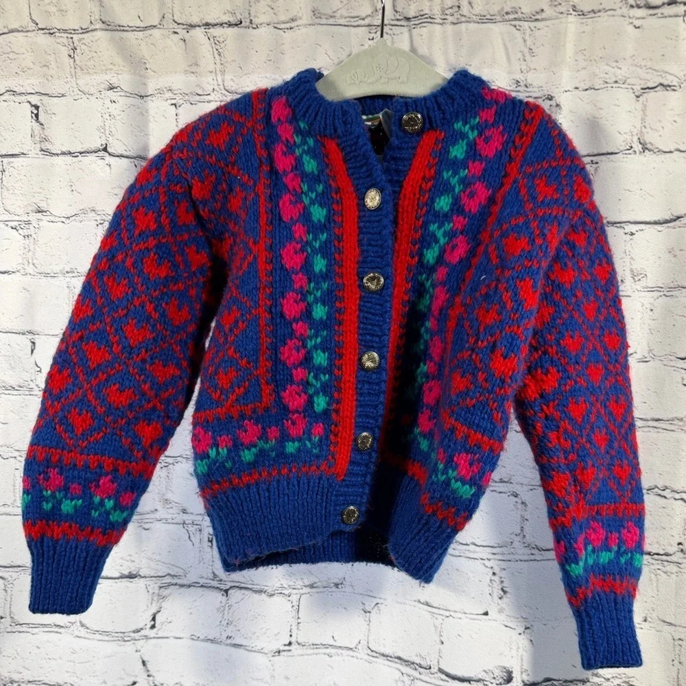 Rainbow Creek Hand Knit Sweater with Red and Blue Accents